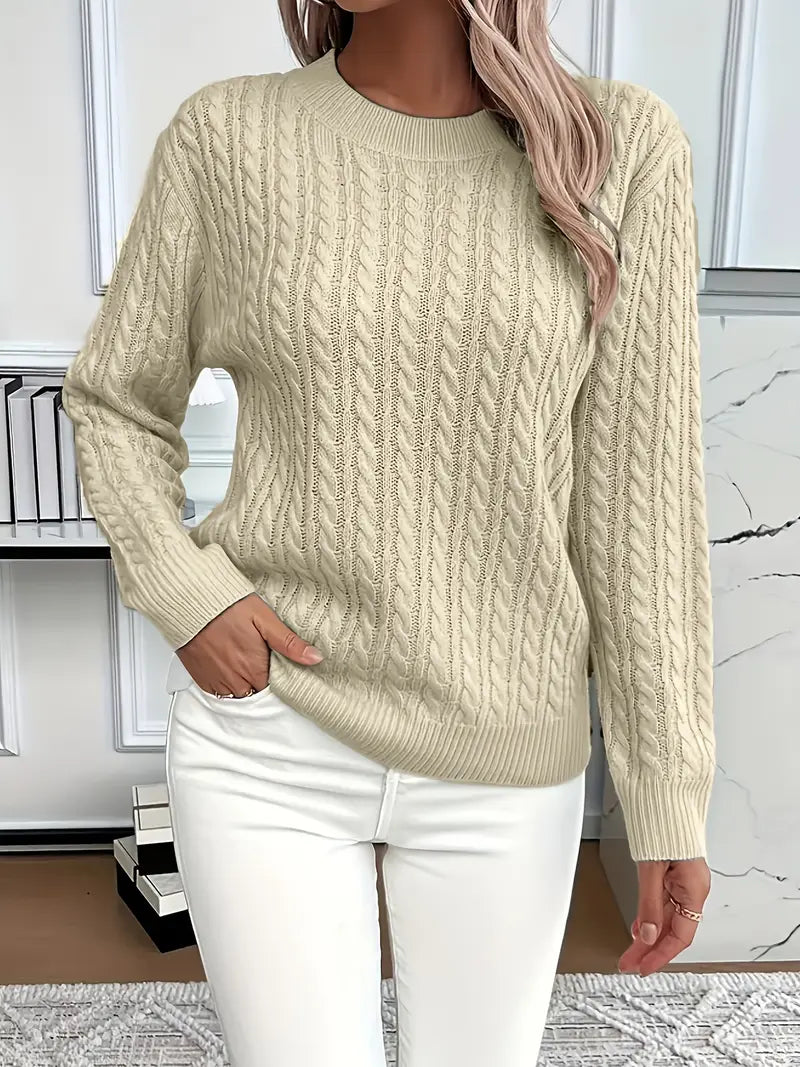 Carrie - Women's Cable Knit Jumper with Crew Neck