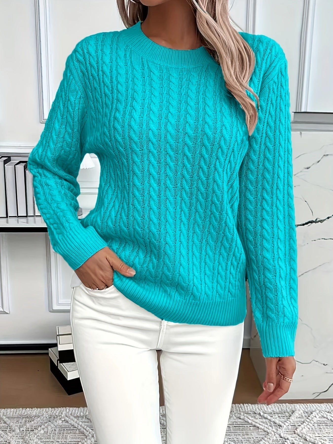 Carrie - Women's Cable Knit Jumper with Crew Neck