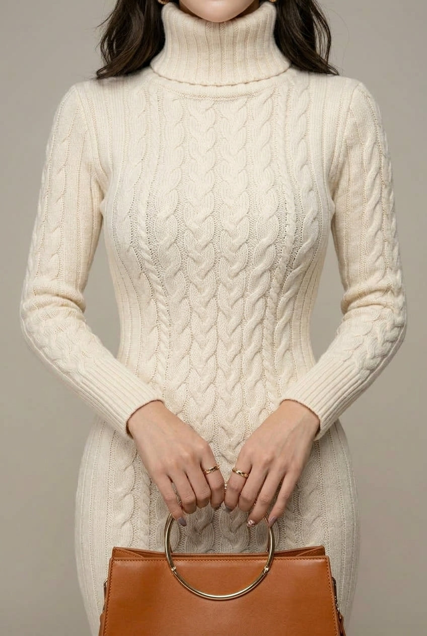 Women's Cable Knit Turtleneck Midi Dress with Long Sleeves