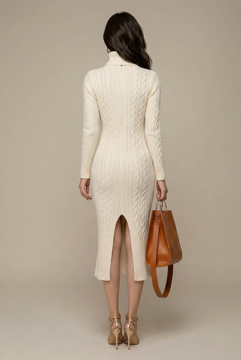 Women's Cable Knit Turtleneck Midi Dress with Long Sleeves