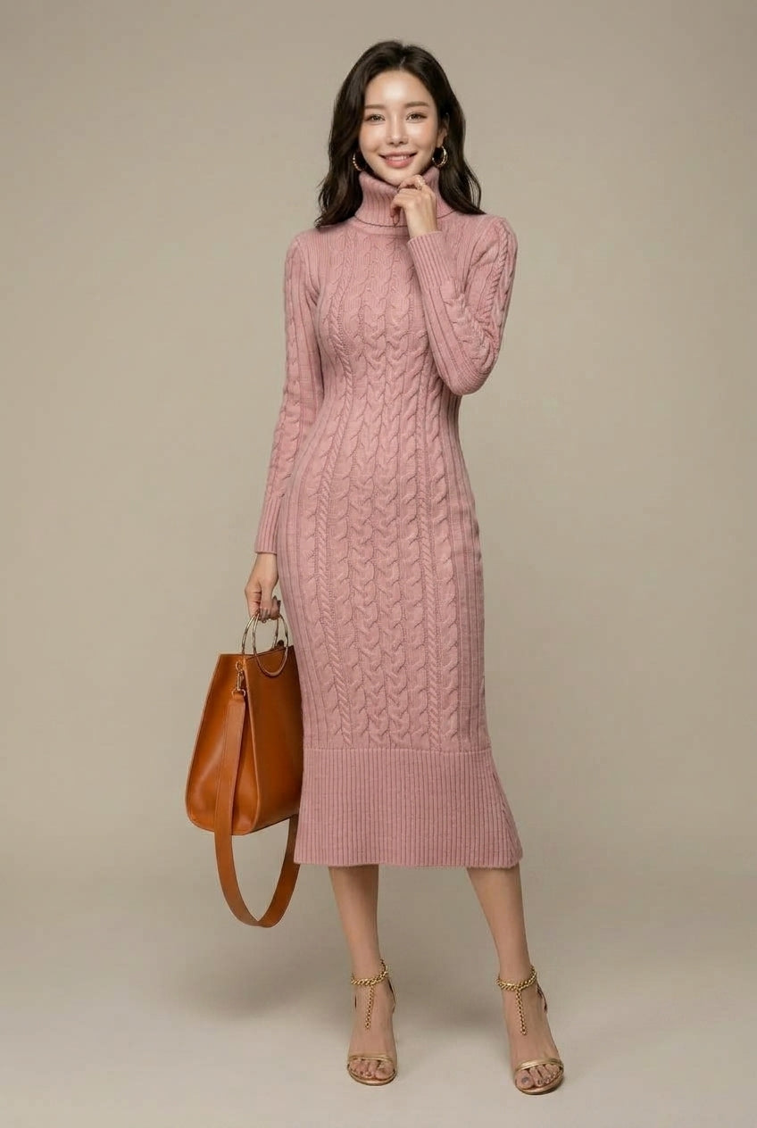 Women's Cable Knit Turtleneck Midi Dress with Long Sleeves - Pink
