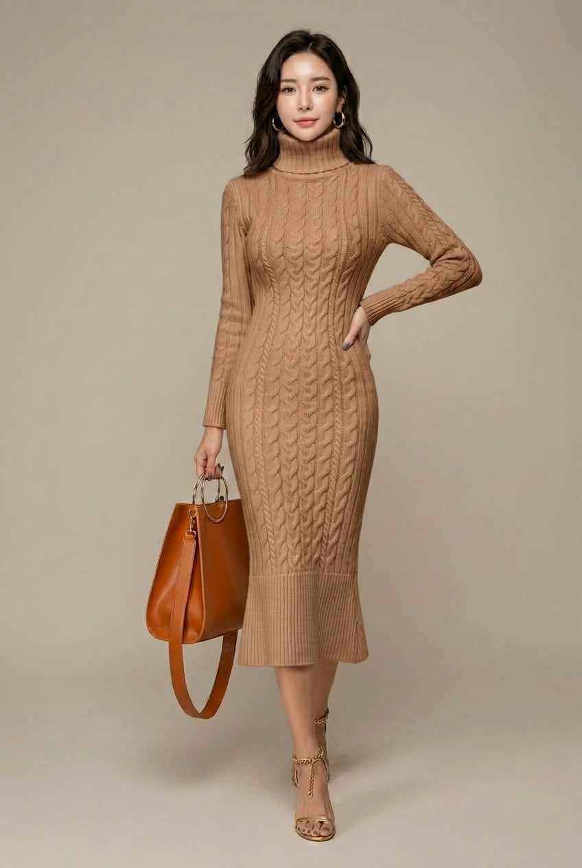 Women's Cable Knit Turtleneck Midi Dress with Long Sleeves - Khaki