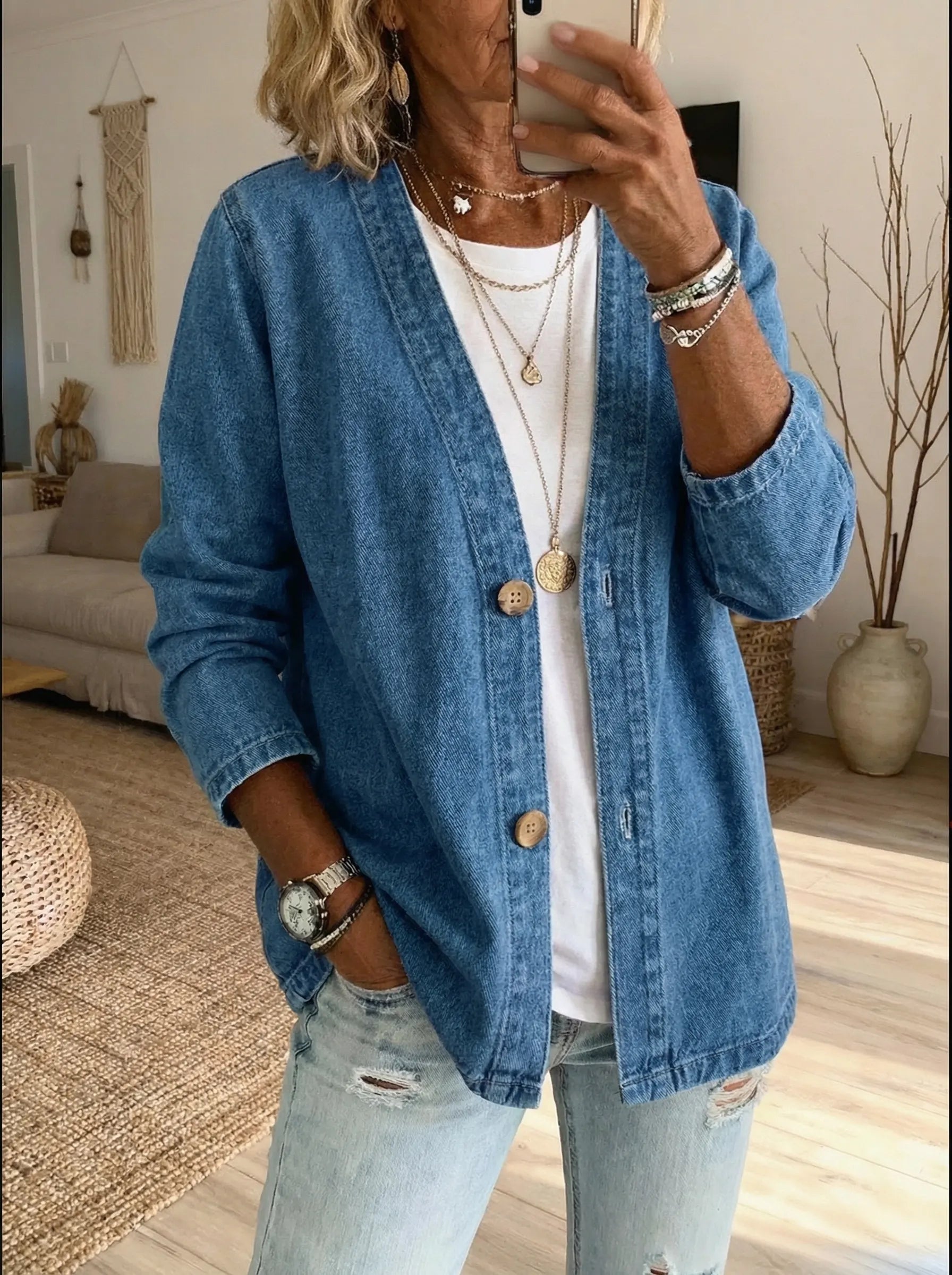 Minnie - Women's Cardigan with Button-Front Denim - photo 1