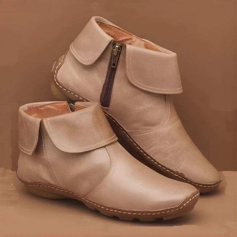 Women's Casual Ankle Boots with Side Zip - Beige