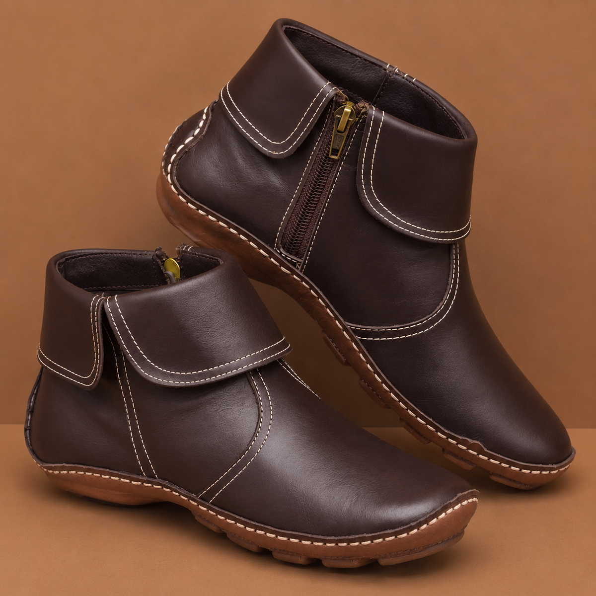 Women's Casual Ankle Boots with Side Zip - Brown