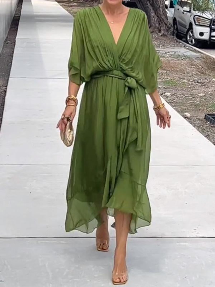 Women's Chiffon V-Neck Belted Midi Cocktail Party Dress