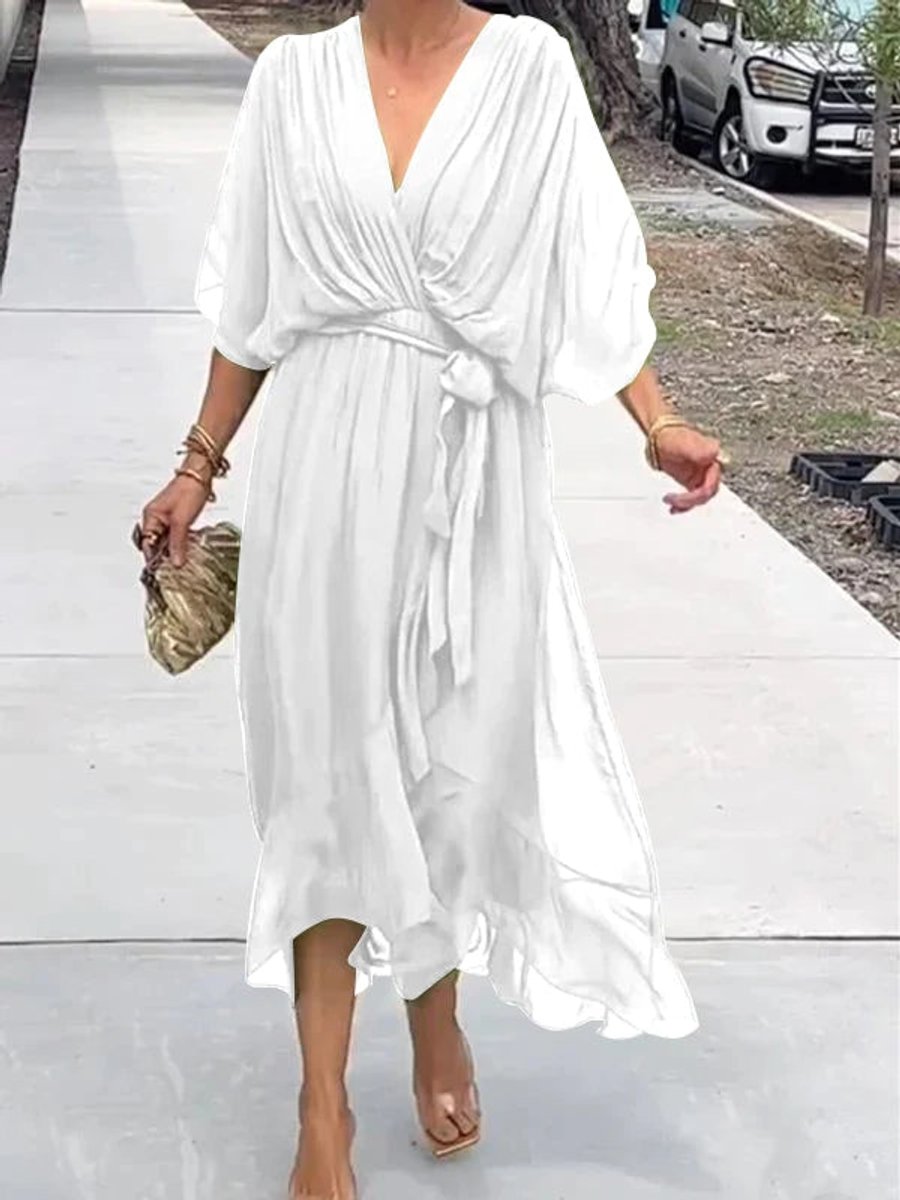 Women's Chiffon V-Neck Belted Midi Cocktail Party Dress