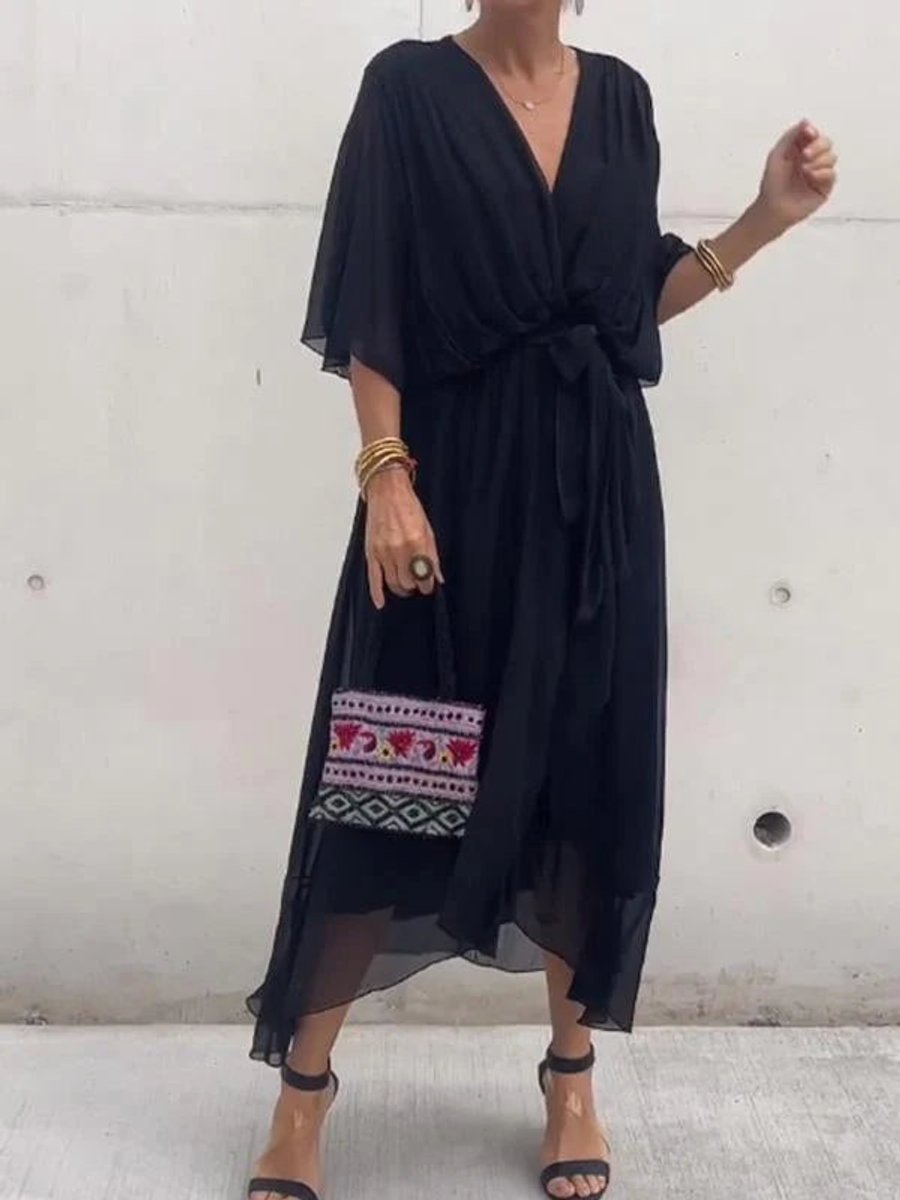 Women's Chiffon V-Neck Belted Midi Cocktail Party Dress