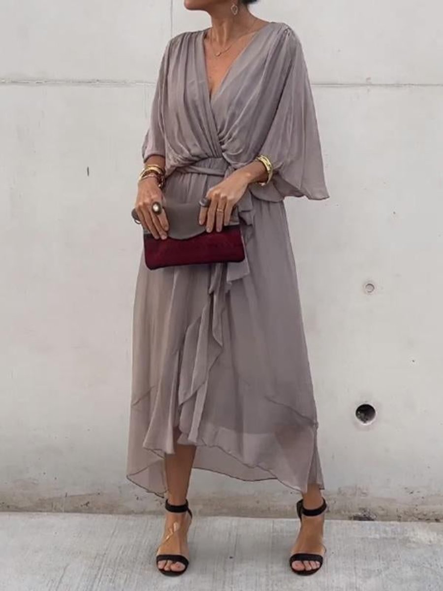 Women's Chiffon V-Neck Belted Midi Cocktail Party Dress
