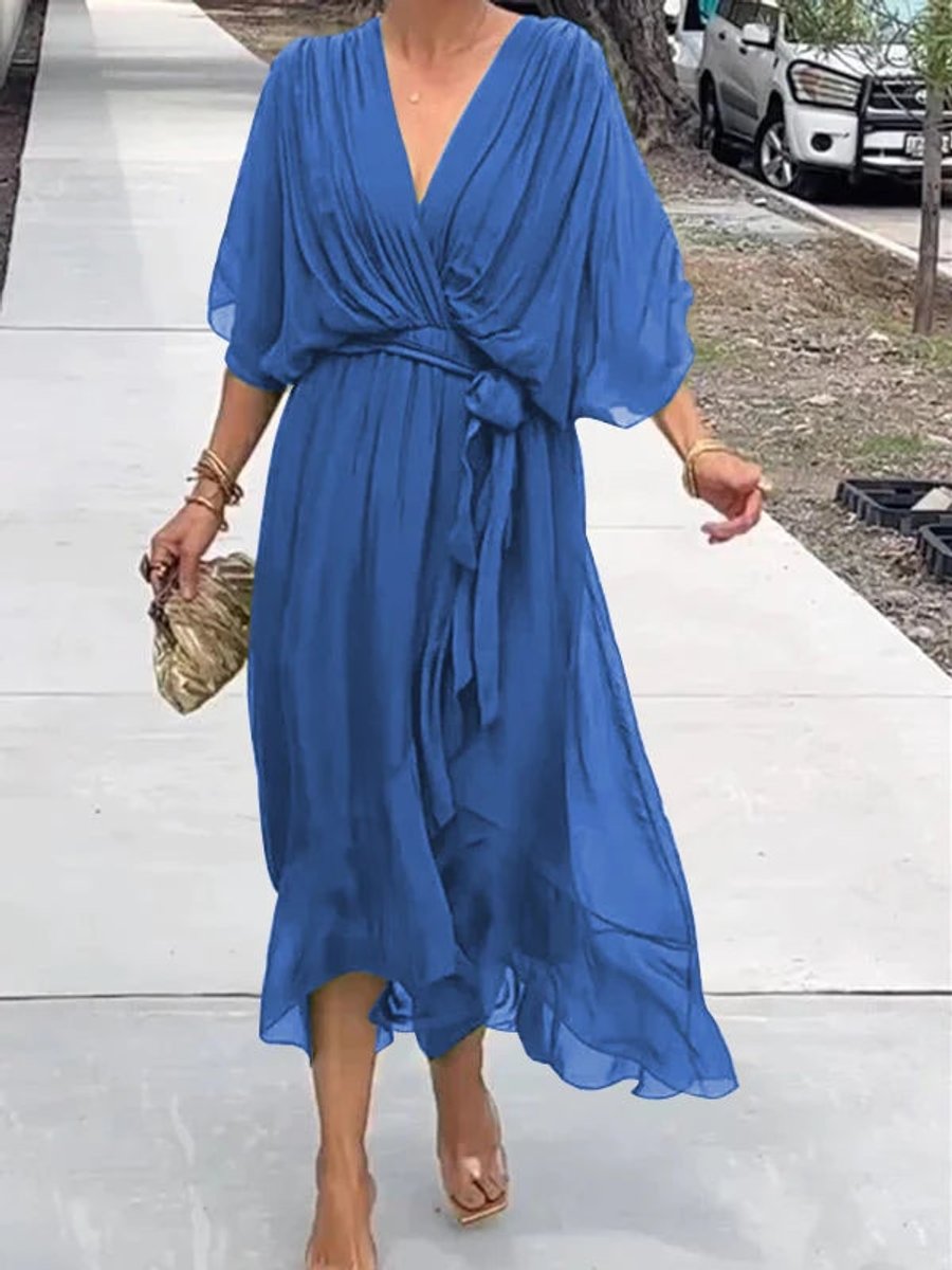 Women's Chiffon V-Neck Belted Midi Cocktail Party Dress