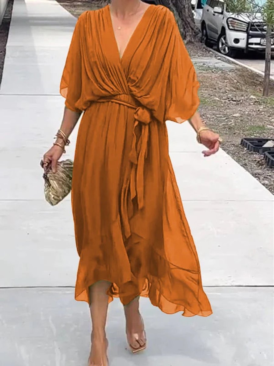 Women's Chiffon V-Neck Belted Midi Cocktail Party Dress