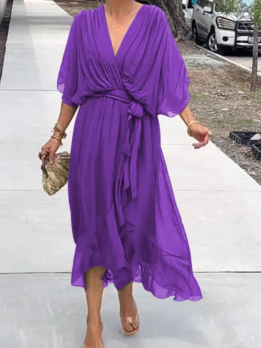 Women's Chiffon V-Neck Belted Midi Cocktail Party Dress