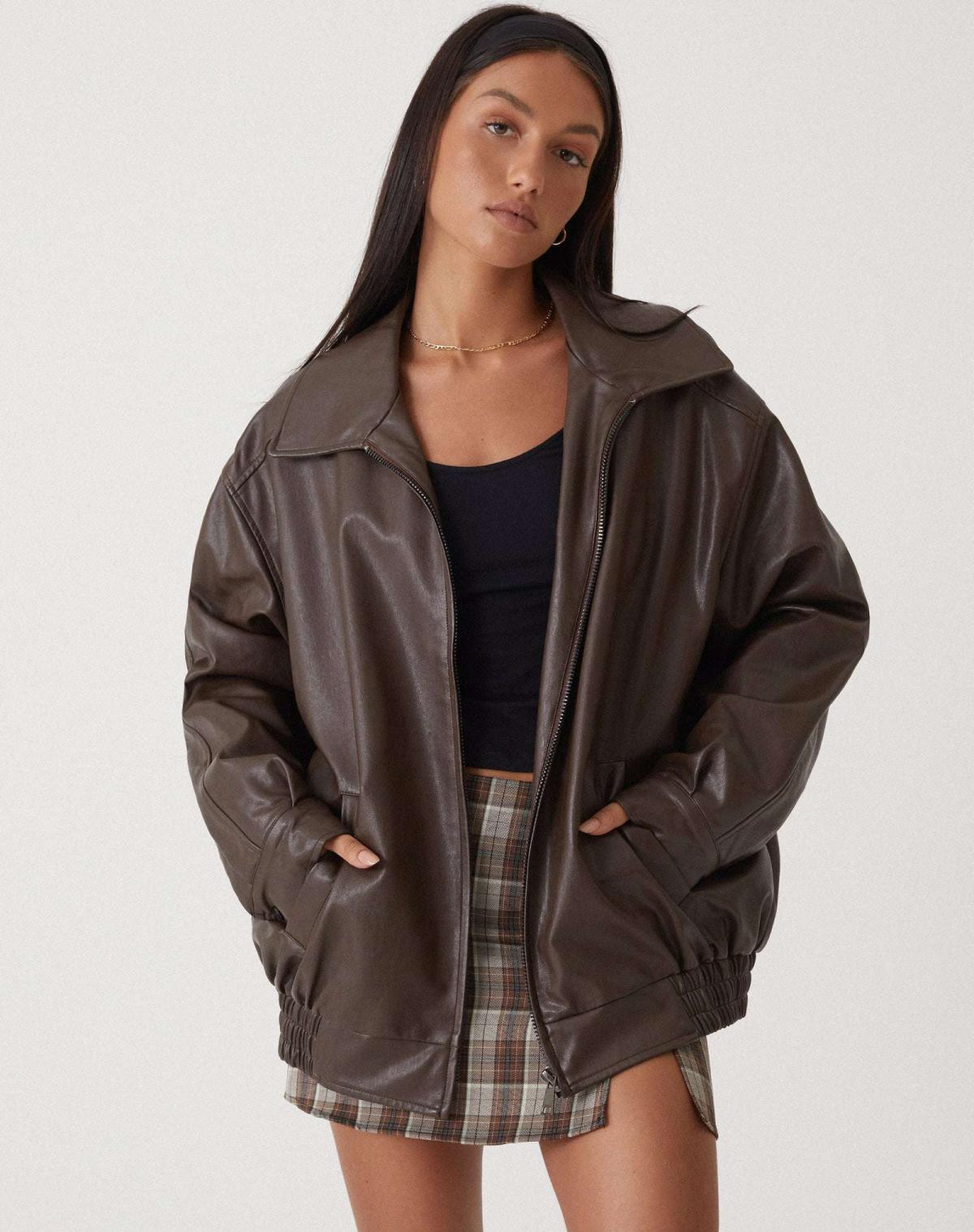 Veste Bomber Oversize Femme en Similicuir Vintage