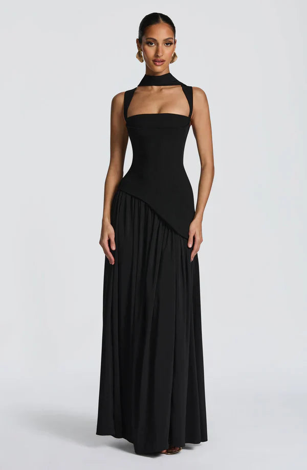 Women's Maxi dress crew neck straight neckline asymmetric waist lace-up back