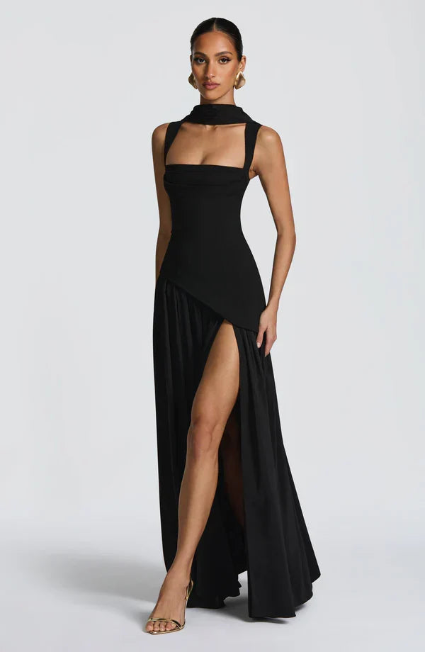 Women's Maxi dress crew neck straight neckline asymmetric waist lace-up back