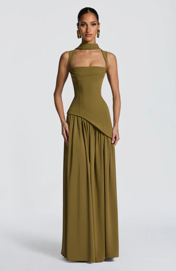 Women's Maxi dress crew neck straight neckline asymmetric waist lace-up back
