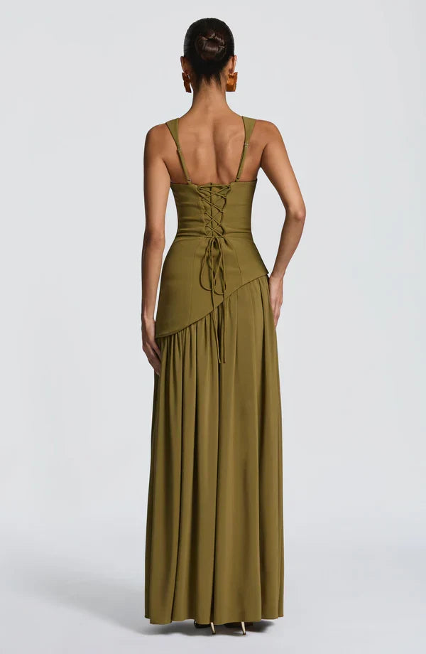 Women's Maxi dress crew neck straight neckline asymmetric waist lace-up back