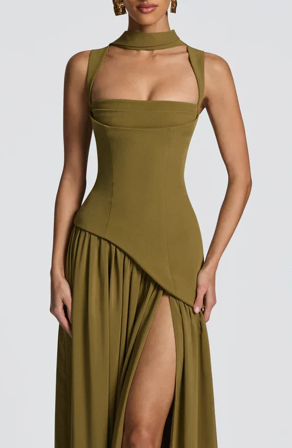 Women's Maxi dress crew neck straight neckline asymmetric waist lace-up back