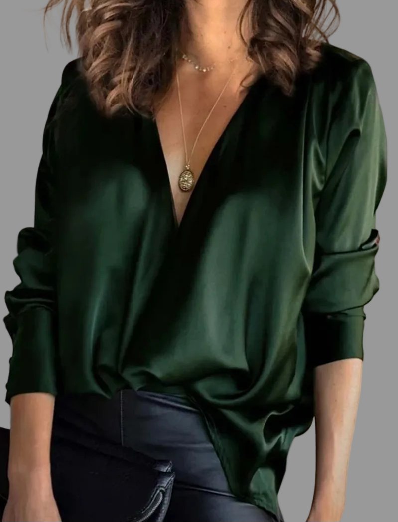 Women's Deep V-Neck Satin Blouse with Draped Long Sleeves - photo 1