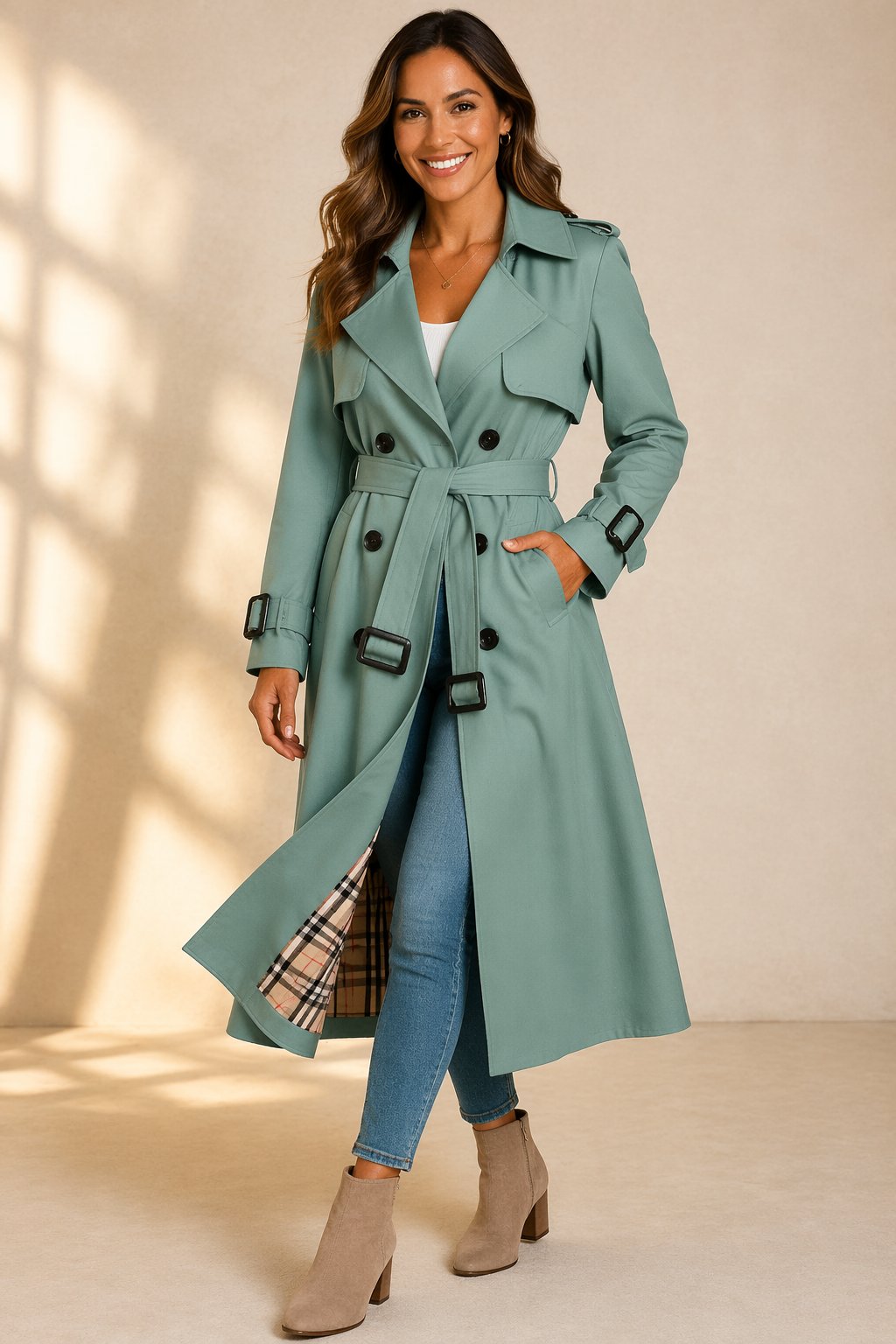 Aria | Women's Double-Breasted Belted Long Trench Coat