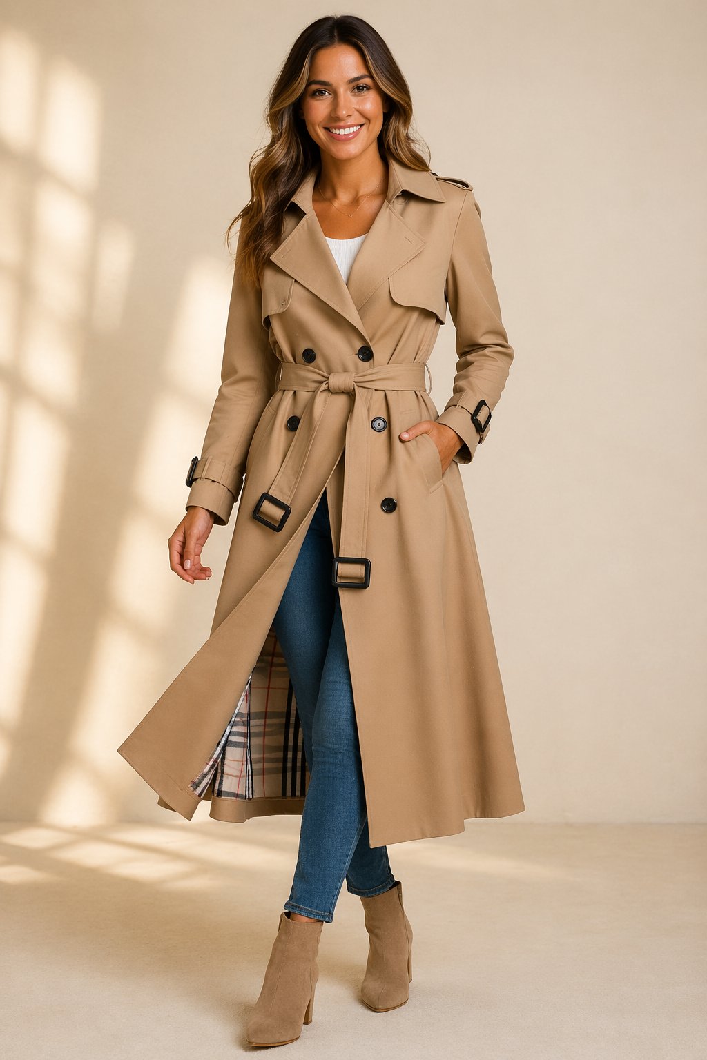 Aria | Women's Double-Breasted Belted Long Trench Coat