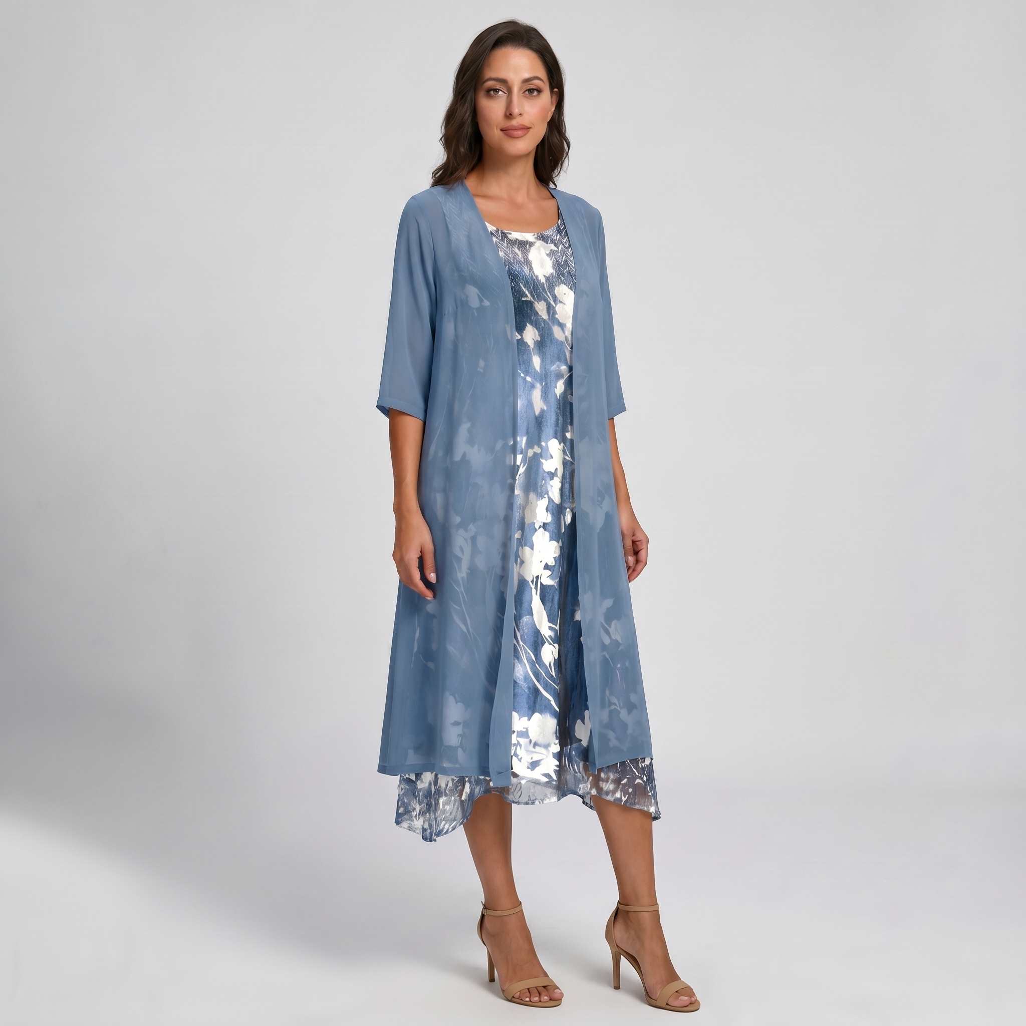 Rochie midi florală de damă, cu straturi, și cardigan transparent tip duster