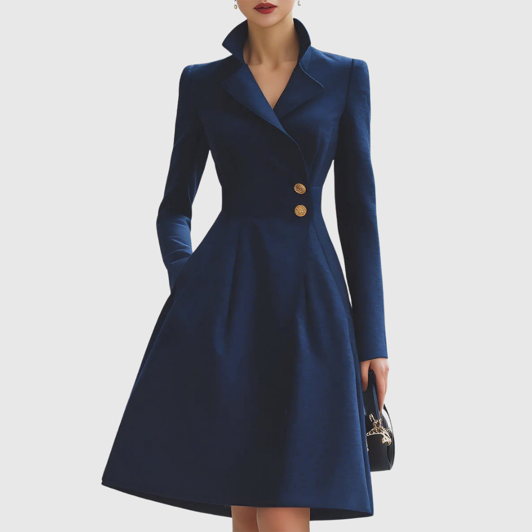 Women's Flared Midi Dress with Gold Button Front - photo 1