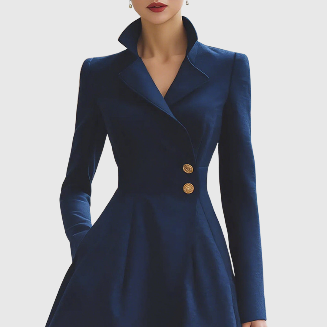 Women's Flared Midi Dress with Gold Button Front - photo 3