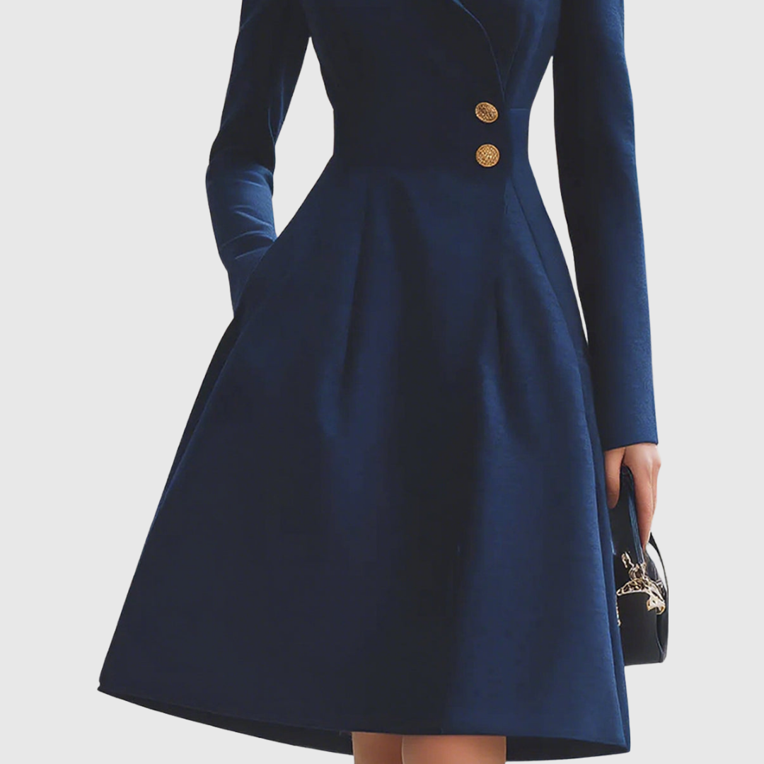 Women's Flared Midi Dress with Gold Button Front - photo 4