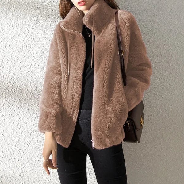 Women's Teddy Fleece Zip-Up Jacket with Drawstring Hood - Khaki
