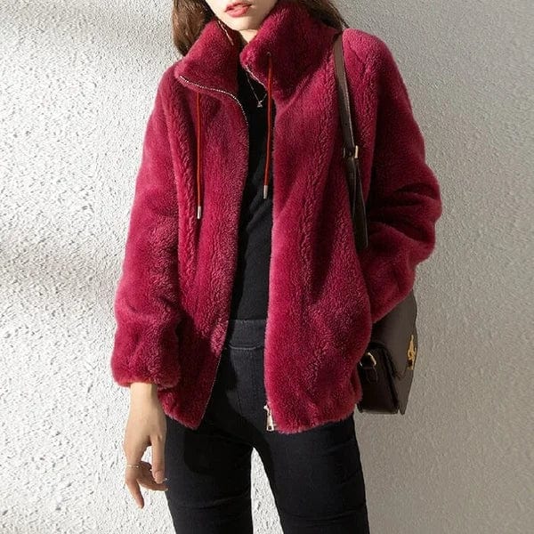 Women's Teddy Fleece Zip-Up Jacket with Drawstring Hood - Burgundy