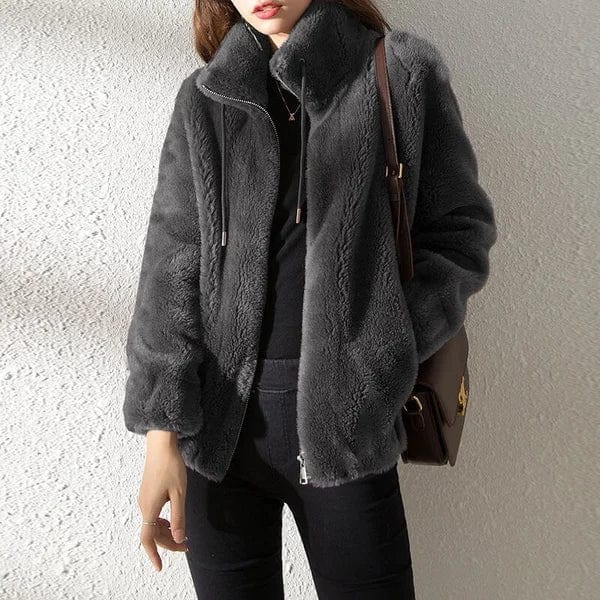 Women's Teddy Fleece Zip-Up Jacket with Drawstring Hood - Black