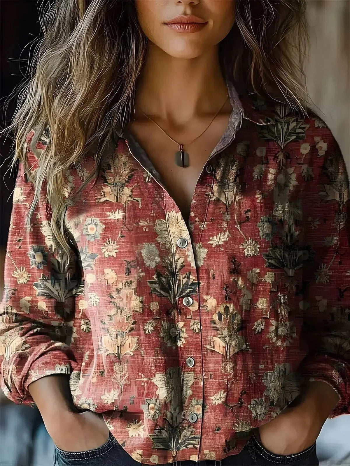 Coral - Women's Floral Shirt with Chest Pockets
