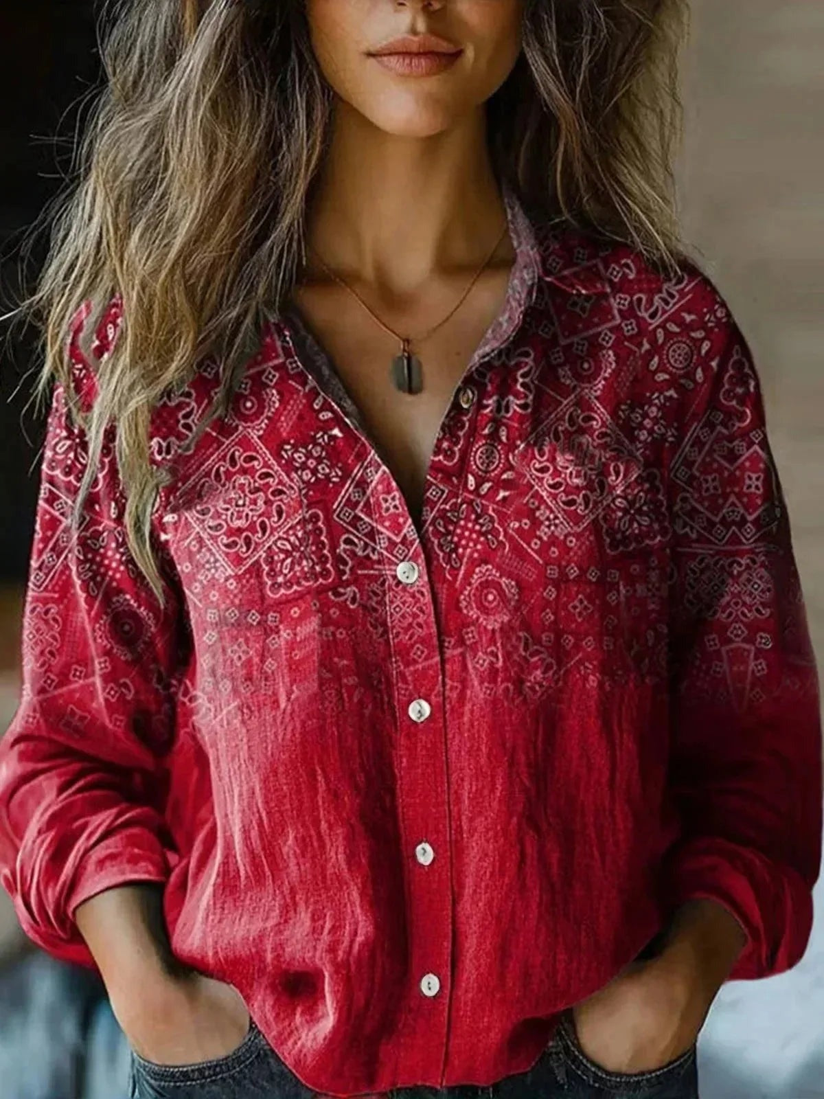 Coral - Women's Floral Shirt with Chest Pockets