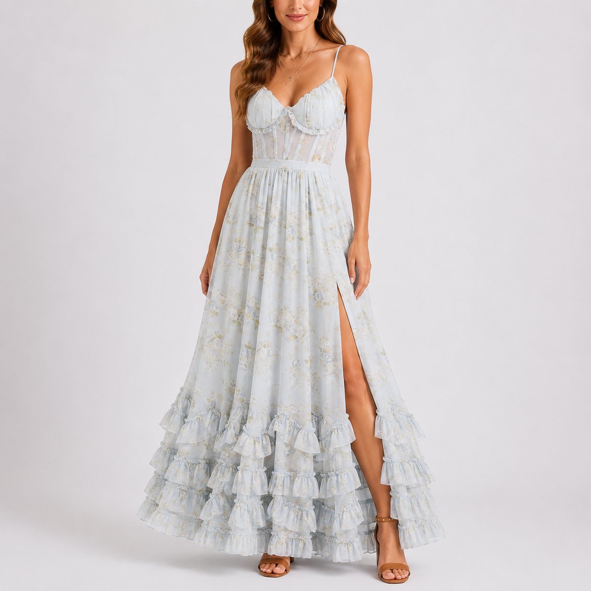 Women's Floral Corset Maxi Fall Wedding Guest Dress Ruffled