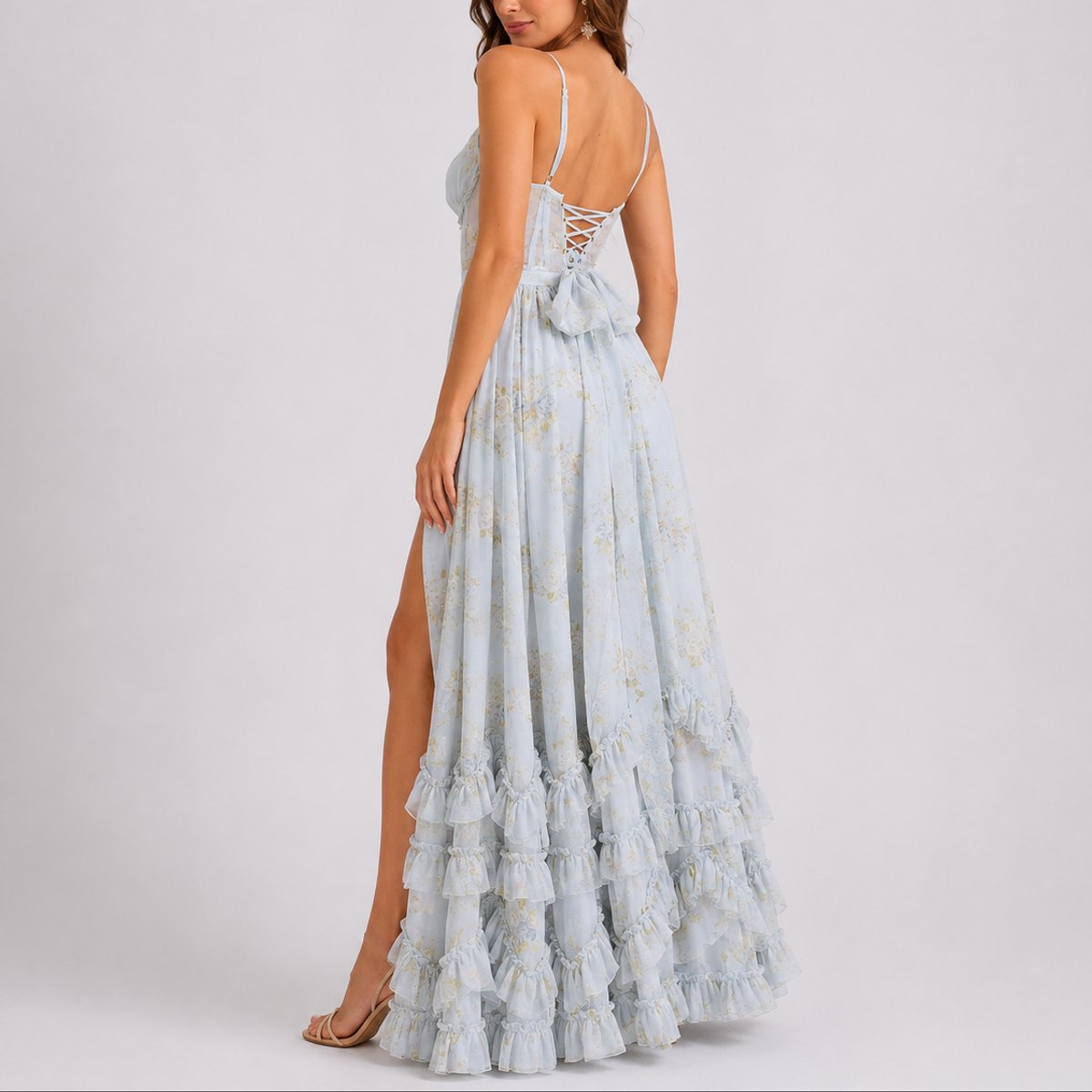 Women's Floral Corset Maxi Fall Wedding Guest Dress Ruffled