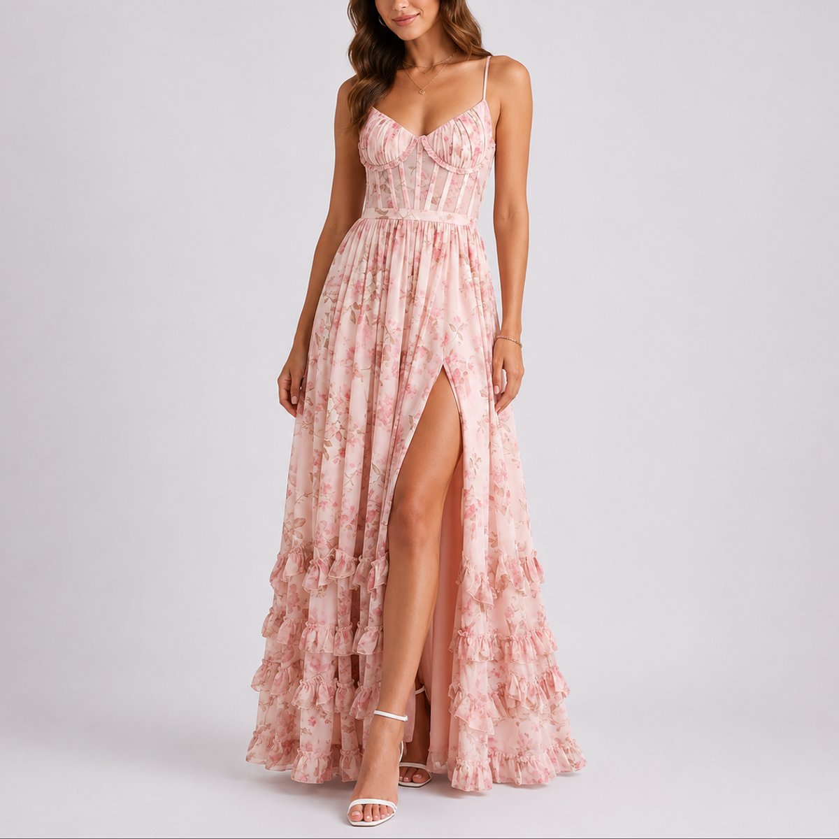 Women's Floral Corset Maxi Fall Wedding Guest Dress Ruffled