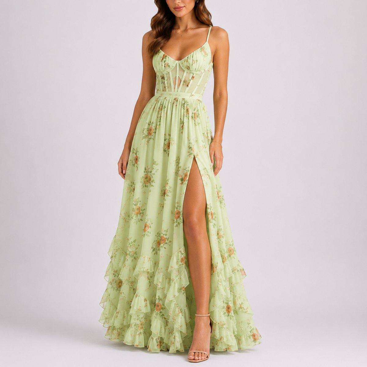 Women's Floral Corset Maxi Fall Wedding Guest Dress Ruffled