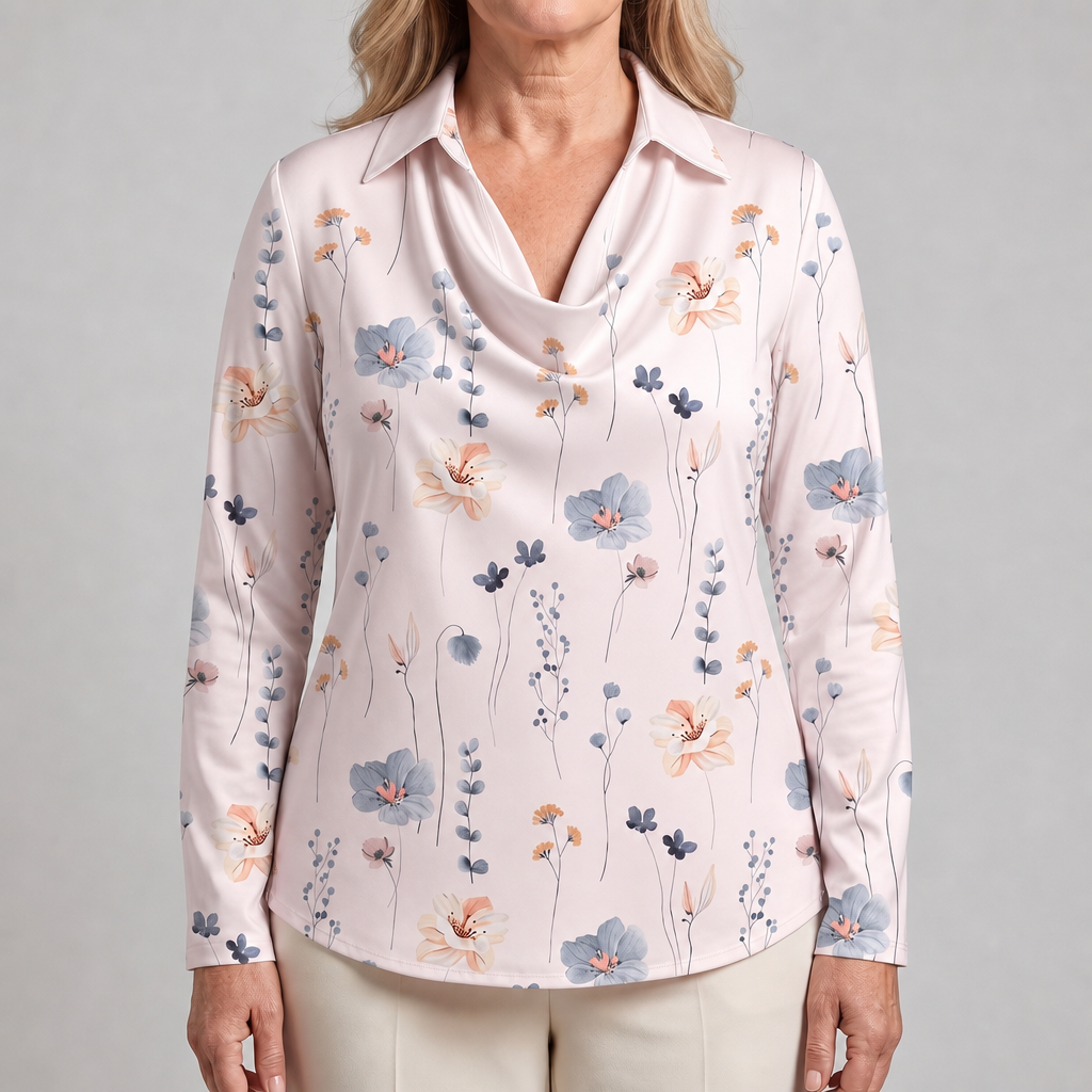 Women's Floral Satin-Effect Blouse with Cowl Neck