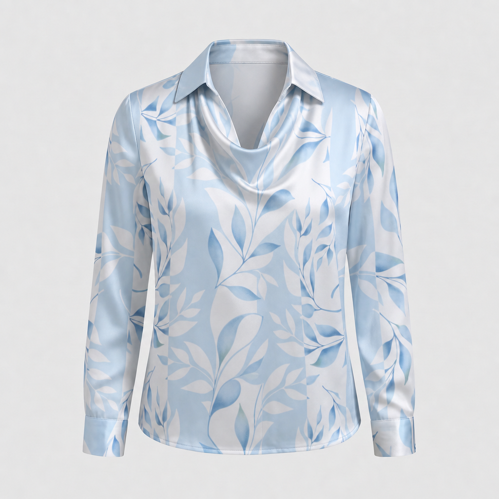 Women's Floral Satin-Effect Blouse with Cowl Neck - Light Blue Floral