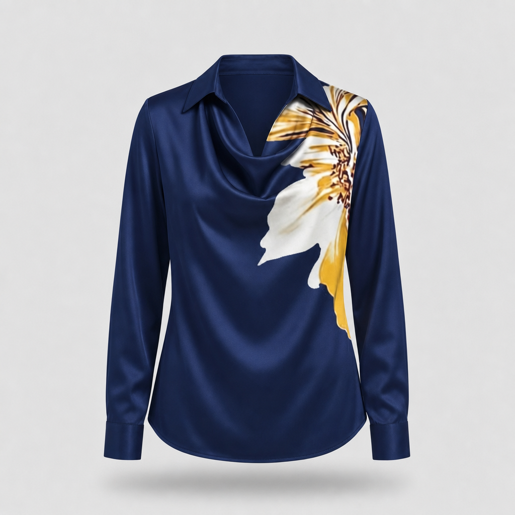Women's Floral Satin-Effect Blouse with Cowl Neck - Dark Blue