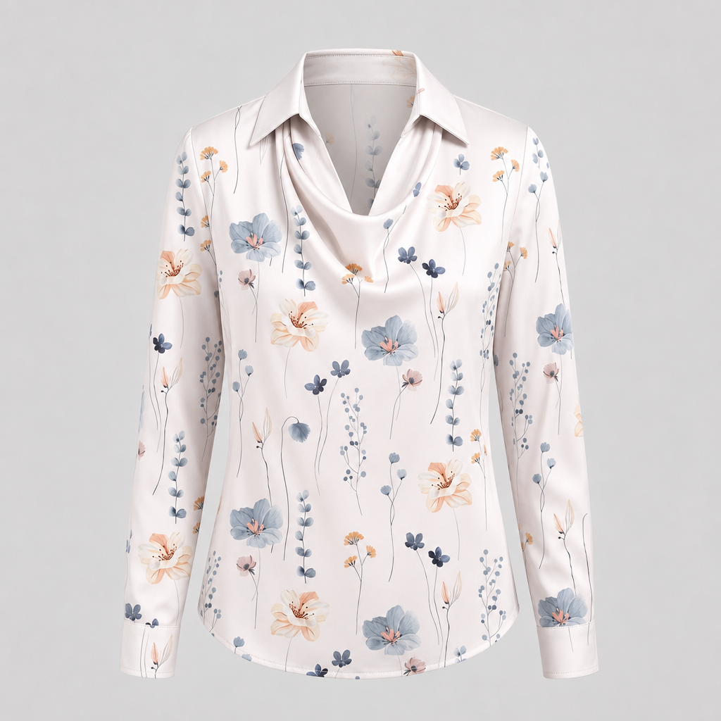 Women's Floral Satin-Effect Blouse with Cowl Neck - White Floral