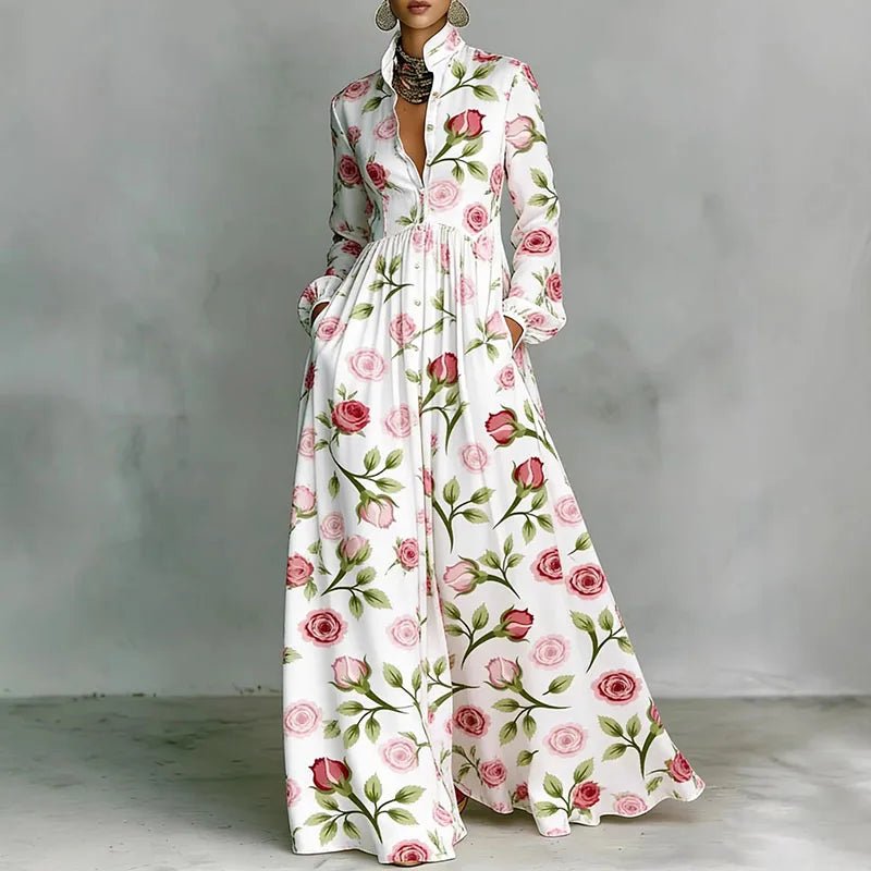 Vestito camicia maxi boho da donna con stampa, colletto alla coreana e bottoni frontali