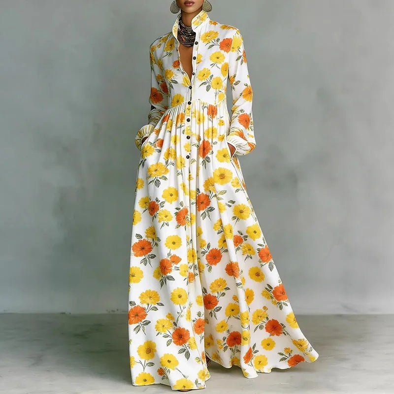 Vestito camicia maxi boho da donna con stampa, colletto alla coreana e bottoni frontali