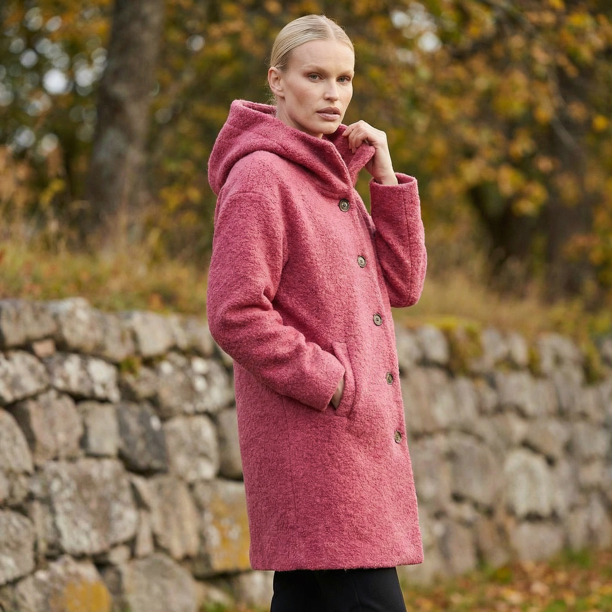 Women's Hooded Coat with Button Front and Pockets