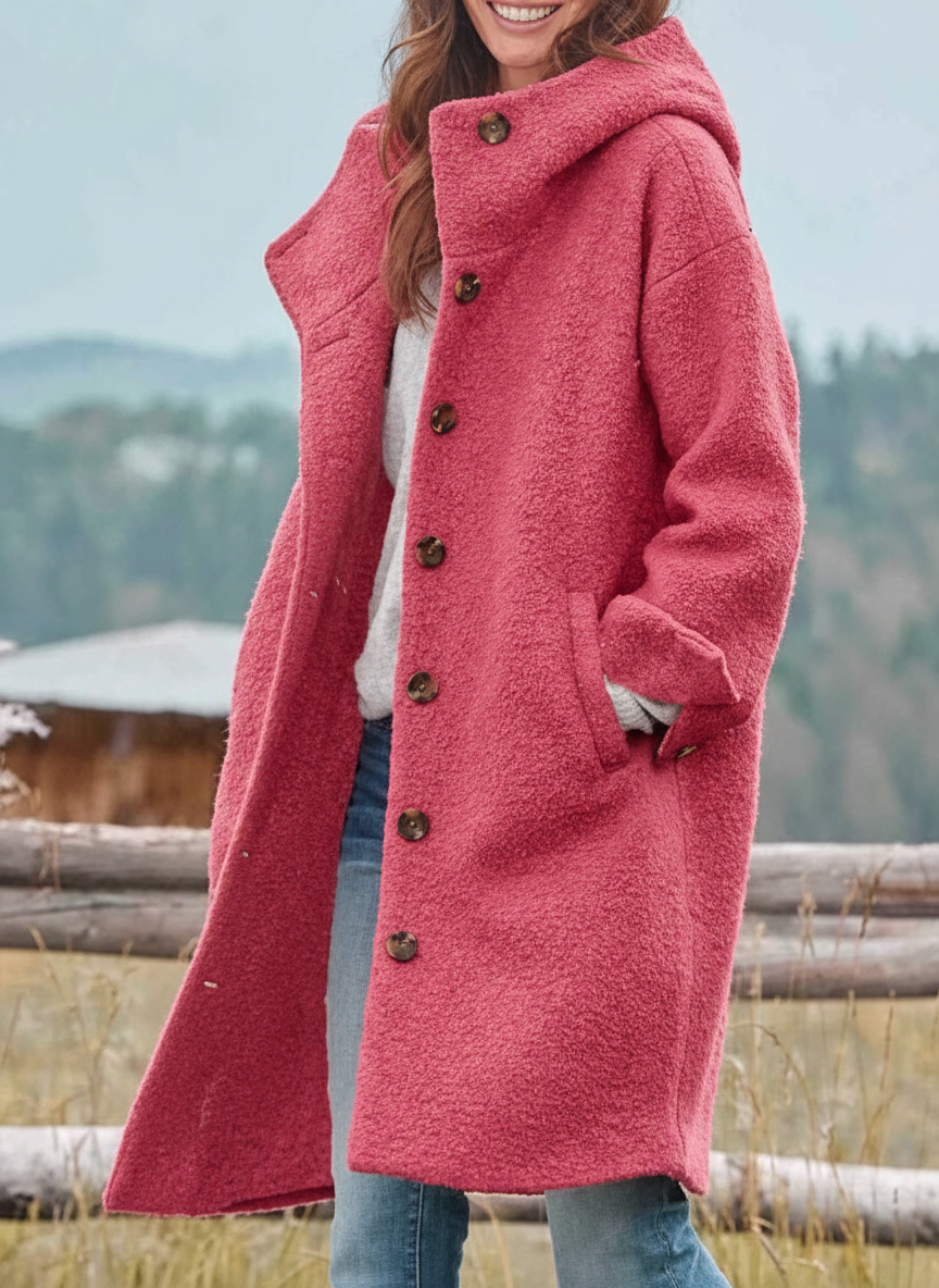 Women's Hooded Coat with Button Front and Pockets - Pink