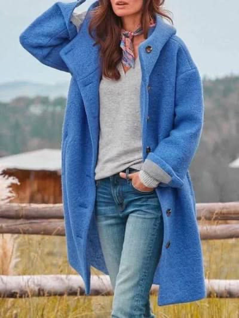 Women's Hooded Coat with Button Front and Pockets - Blue