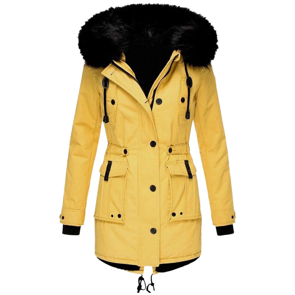 Women's Hooded Faux Fur Parka - Yellow