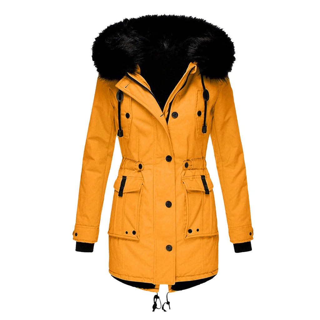Women's Hooded Faux Fur Parka - Mustard
