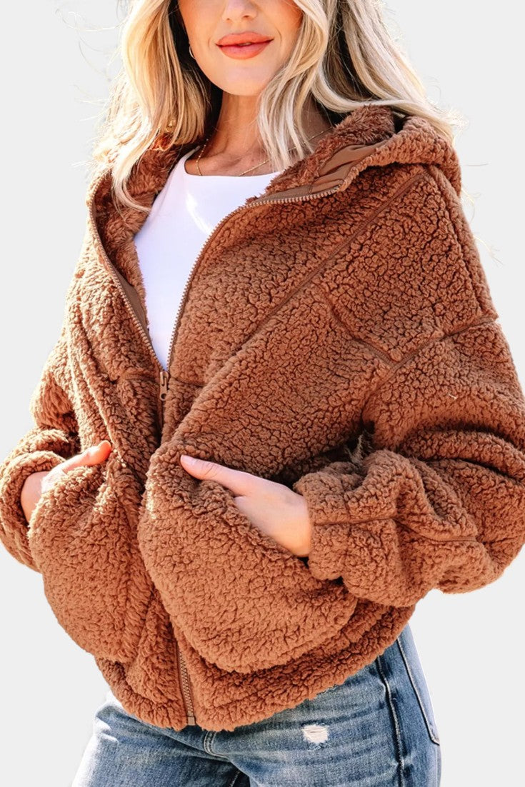 Women's Hooded Teddy Jacket with Zip Fastening
